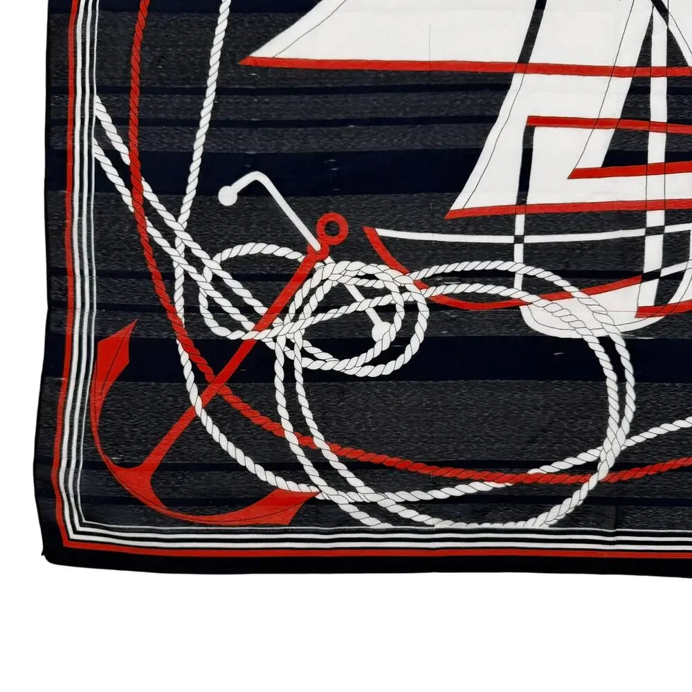 Gim Renoir Nautical Sailboat Scarf Navy Red White Vintage 1970s 80s Square